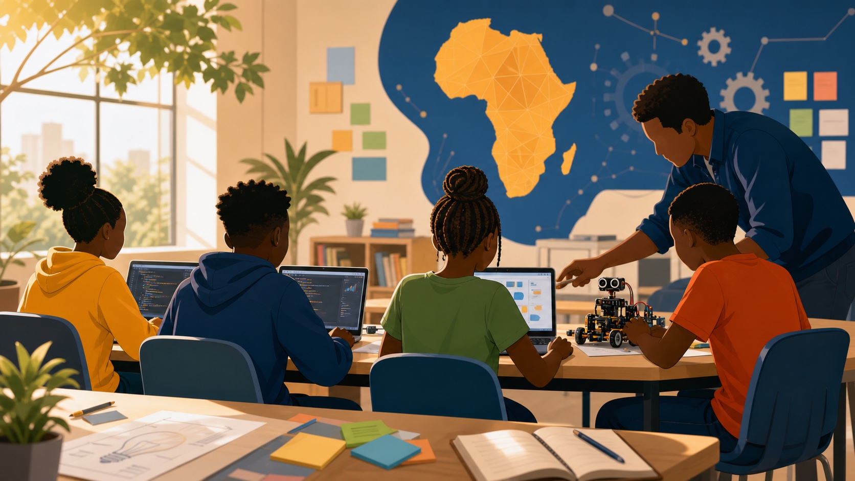 Young learners exploring laptops and robotics with a mentor